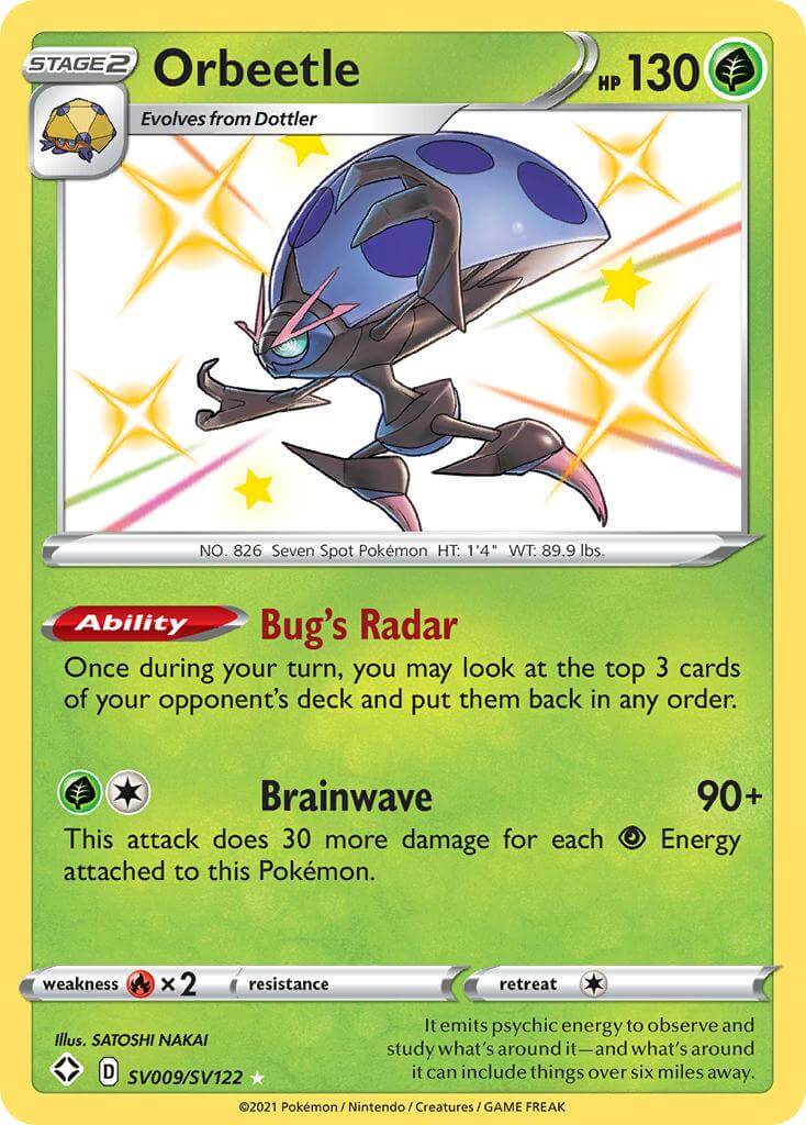 Orbeetle (SV009/SV122) [Sword & Shield: Shining Fates] card showcasing Bug's Radar ability and Brainwave attack.