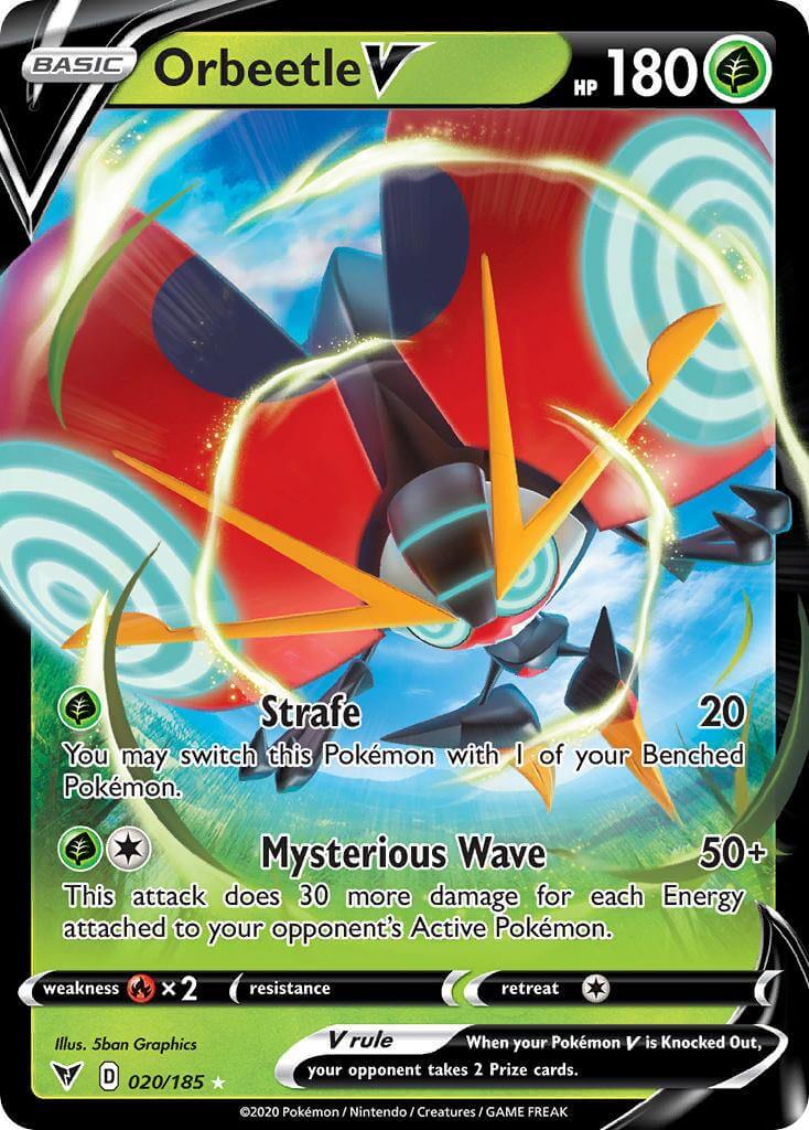 Orbeetle V (020/185) [Sword & Shield: Vivid Voltage] card showcasing its abilities and design.