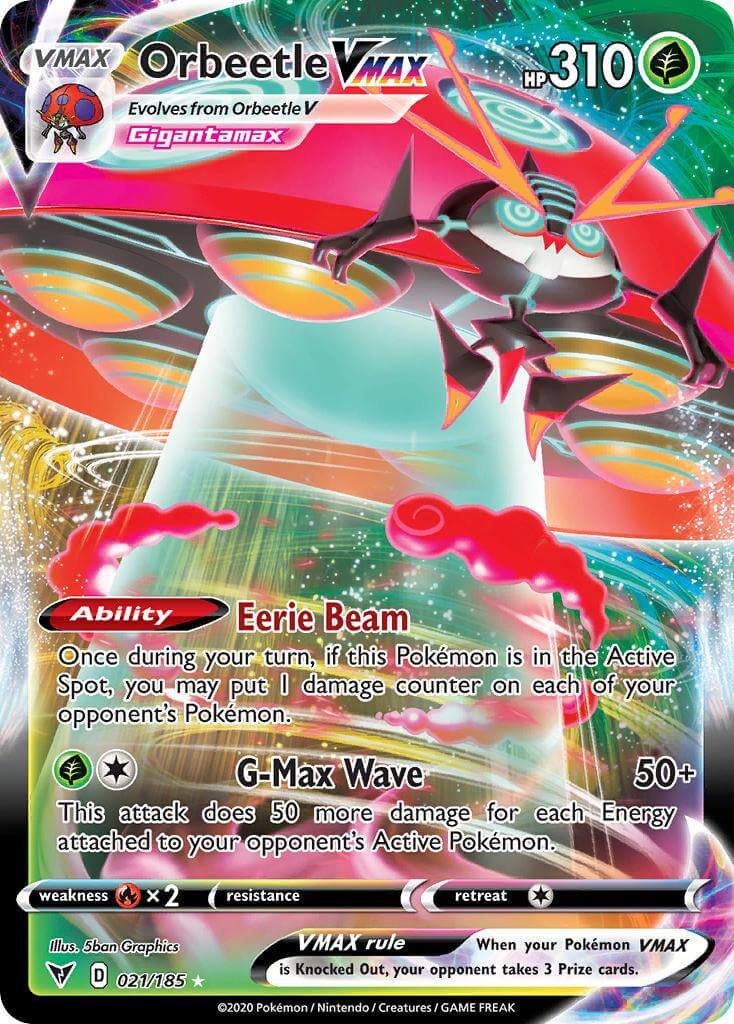 Orbeetle VMAX (021/185) [Sword & Shield: Vivid Voltage] card showcasing abilities and artwork, Ultra Rare collectible.