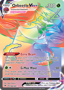 Orbeetle VMAX (186/185) [Sword & Shield: Vivid Voltage] showcasing its abilities and stats.