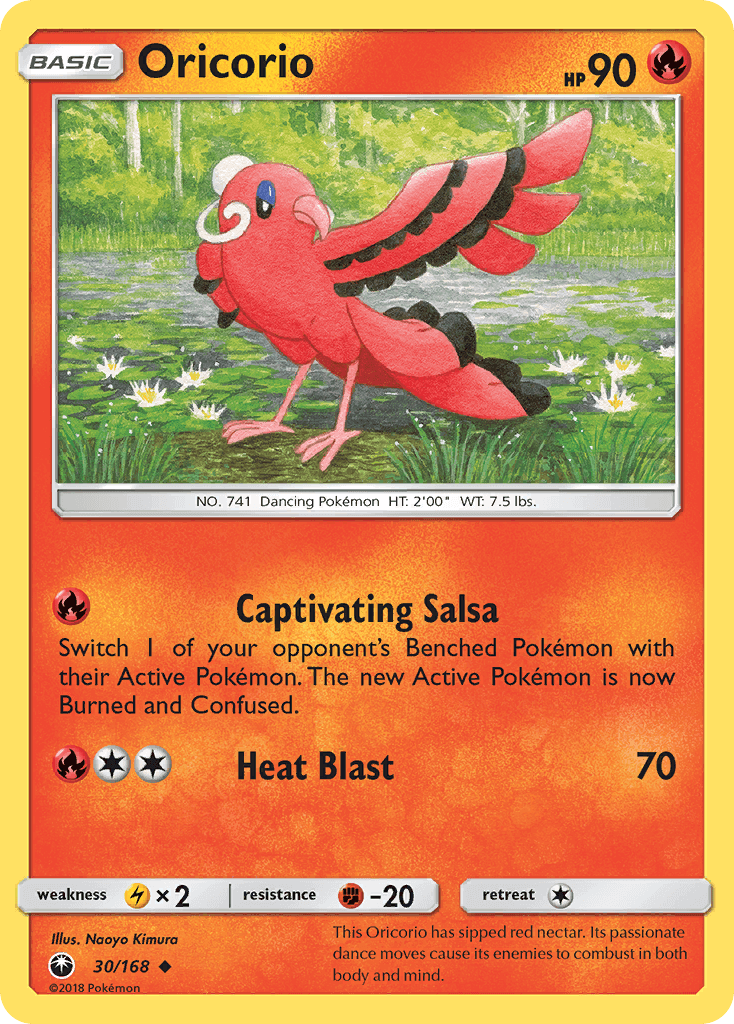 Oricorio (30/168) [Sun & Moon: Celestial Storm] featuring its captivating salsa ability in a vibrant artwork.