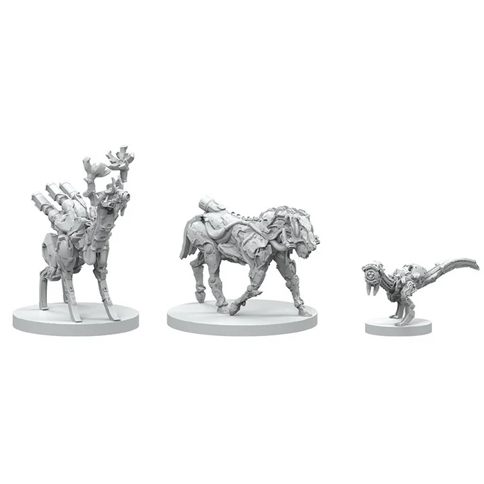 Close-up of Horizon Zero Dawn board game miniatures featuring Sawtooth, Watcher, and tribal hunter figure