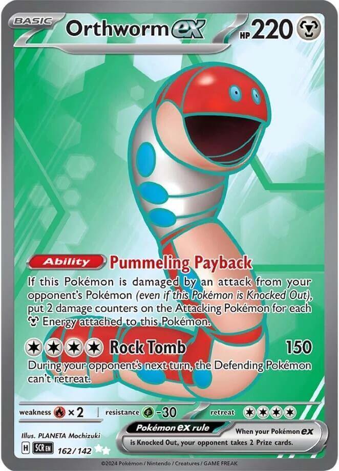 Orthworm ex (162/142) [Scarlet & Violet: Stellar Crown] card featuring Pummeling Payback ability and Rock Tomb attack.