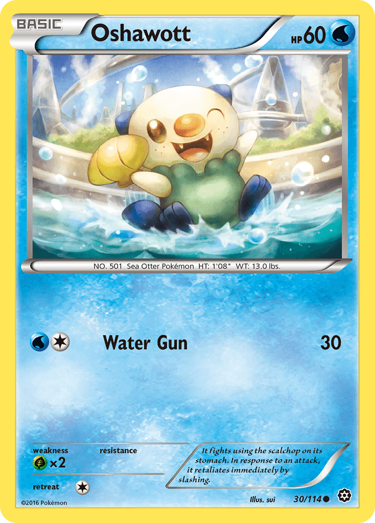 Oshawott (30/114) [XY: Steam Siege] card featuring its Water Gun attack in a vibrant, playful aquatic scene.