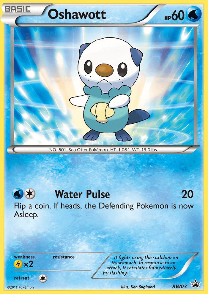 Oshawott (BW03) [Black & White: Black Star Promos] featuring Water Pulse attack and illustration by Ken Sugimori.