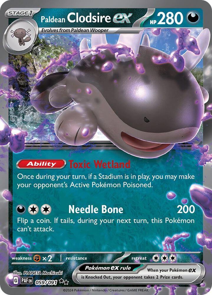 Paldean Clodsire ex (059/091) [Scarlet & Violet: Paldean Fates] card showcasing Toxic Wetland ability.