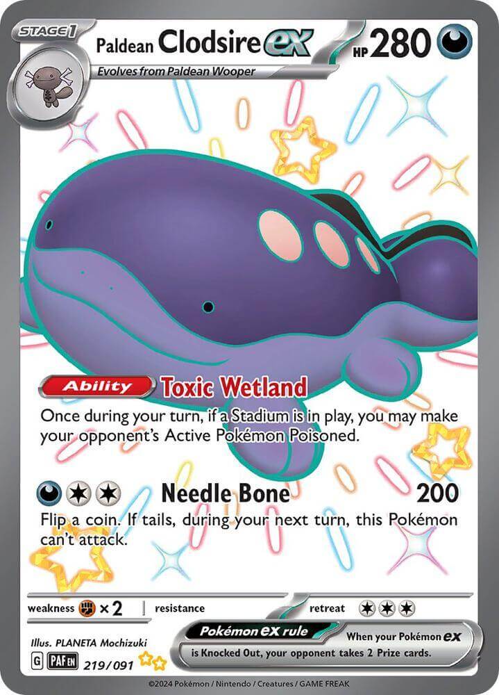 Paldean Clodsire ex (219/091) [Scarlet & Violet: Paldean Fates] card featuring Toxic Wetland ability.