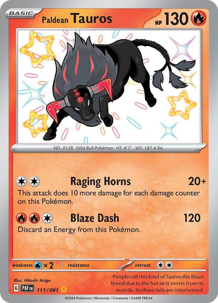 Paldean Tauros (111/091) [Scarlet & Violet: Paldean Fates] featuring Fire-type attack details.