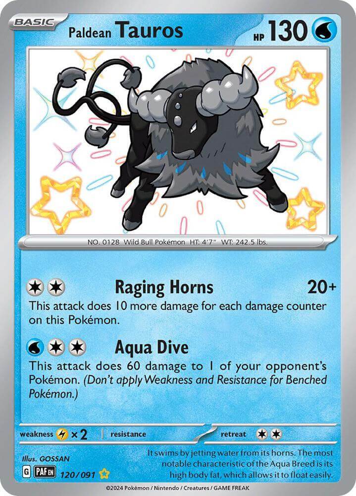 Paldean Tauros (120/091) [Scarlet & Violet: Paldean Fates] card showcasing its Water type and Shiny Rare features.