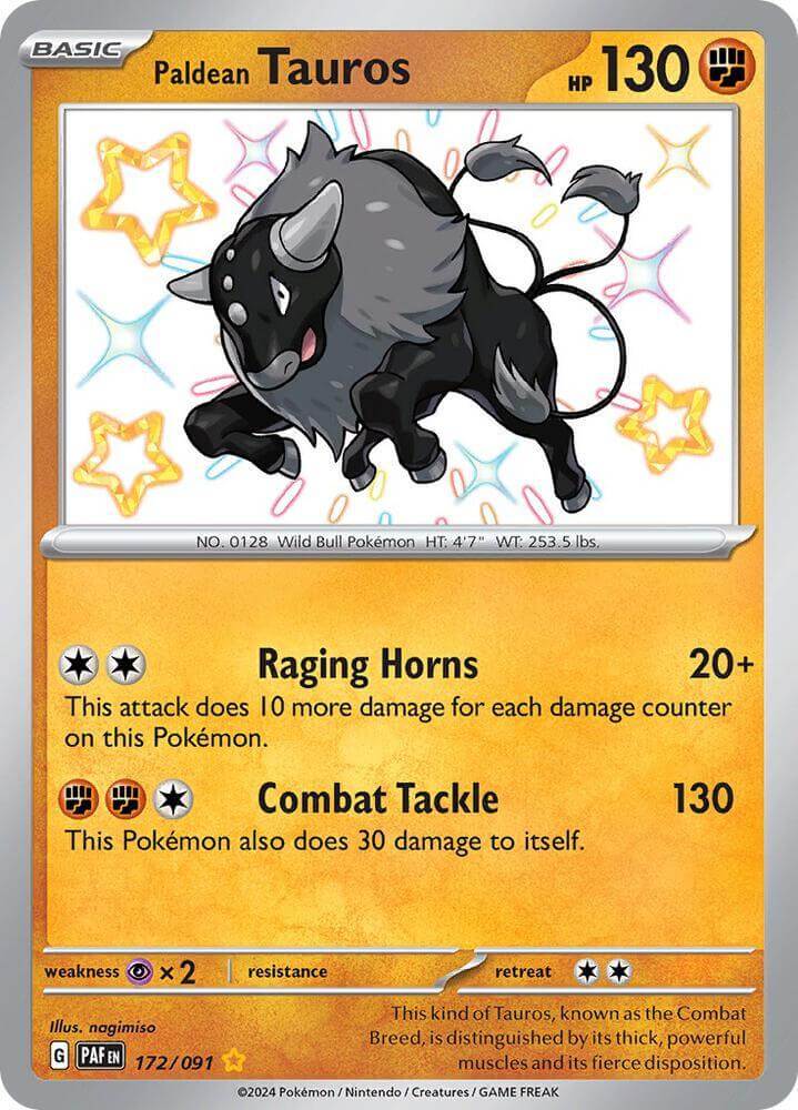 Paldean Tauros (172/091) [Scarlet & Violet: Paldean Fates] card featuring abilities Raging Horns and Combat Tackle.