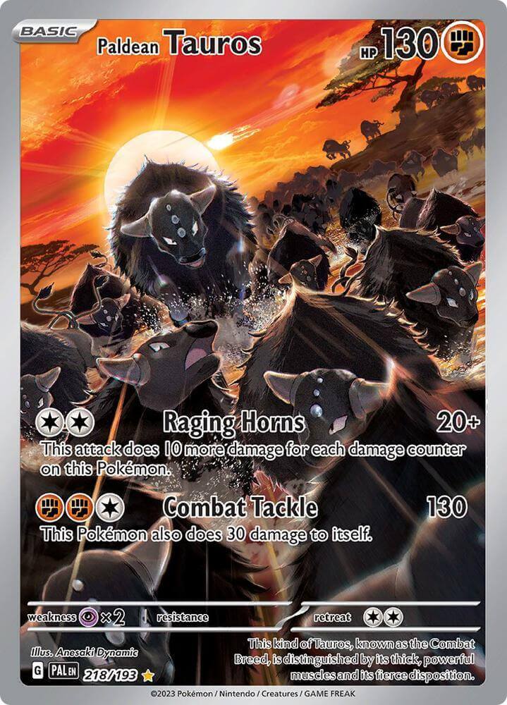 Paldean Tauros (218/193) [Scarlet & Violet: Paldea Evolved] illustration showcasing its abilities.