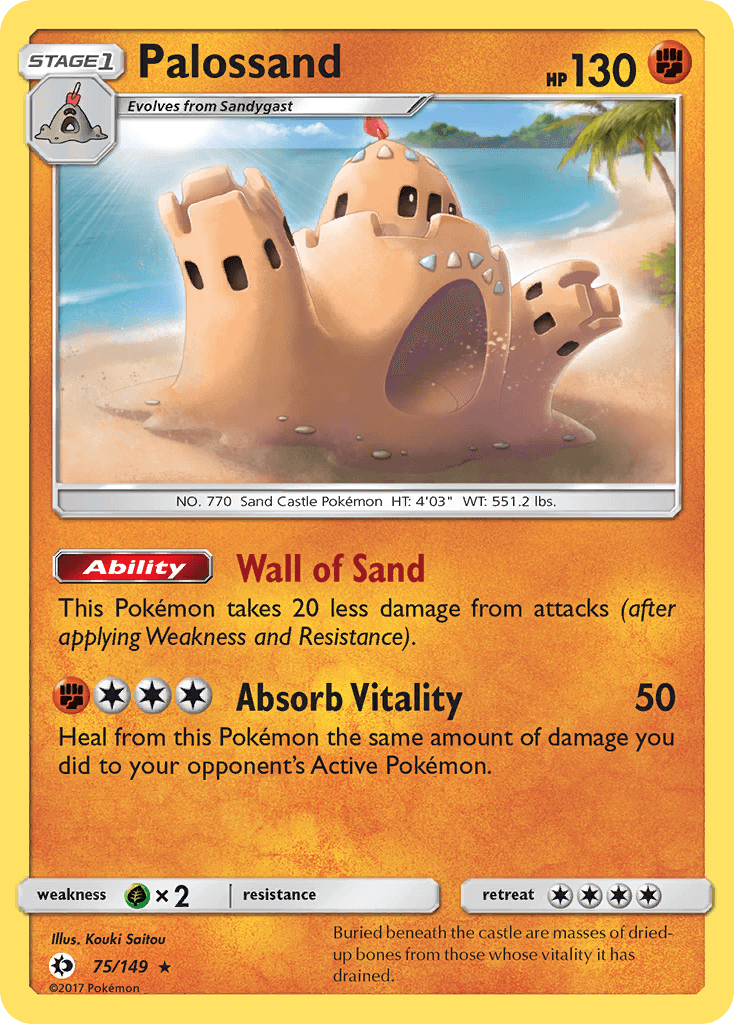 Palossand (75/149) [Sun & Moon: Base Set] with ability Wall of Sand and absorbs vitality in Pokémon card format.