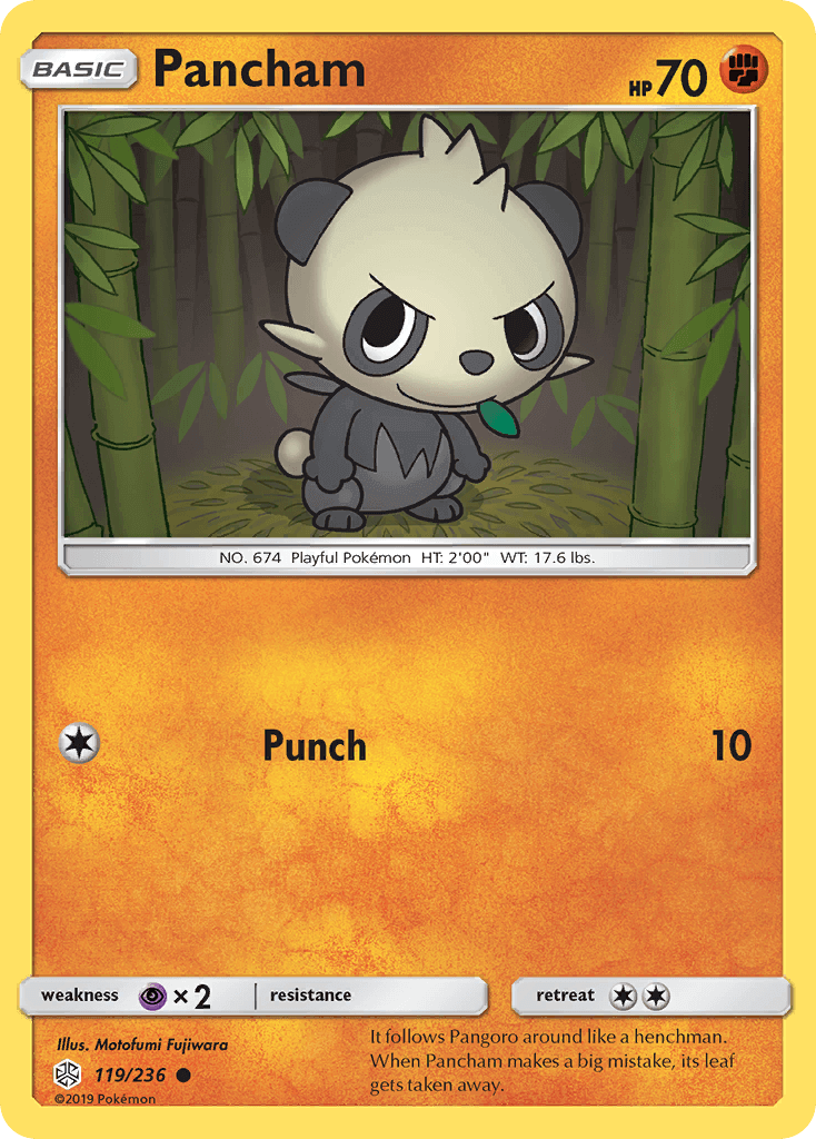 Pancham (119/236) [Sun & Moon: Cosmic Eclipse] card featuring a playful Pokémon amidst bamboo.