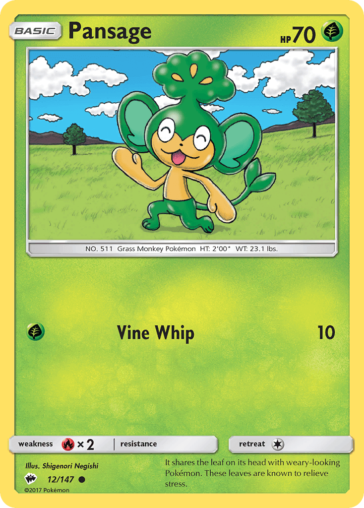 Pansage (12/147) [Sun & Moon: Burning Shadows] Pokémon card featuring Vine Whip attack and Grass type design.