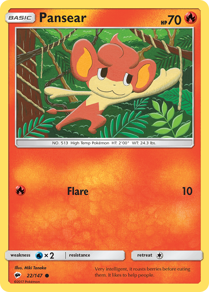 Pansear (22/147) [Sun & Moon: Burning Shadows] card featuring a cheerful monkey Pokémon in a jungle.