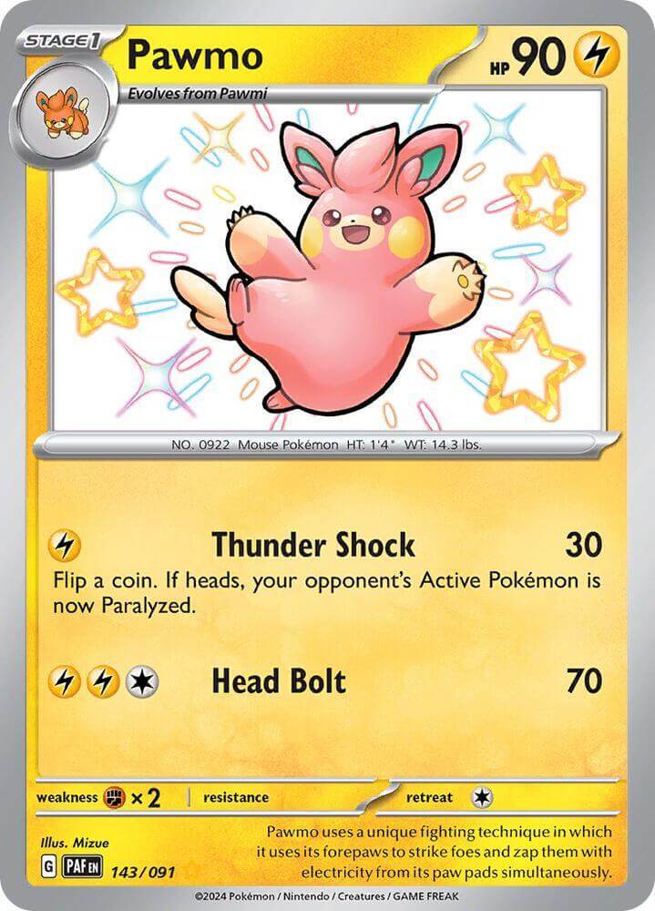 Pawmo (143/091) [Scarlet & Violet: Paldean Fates] showing Thunder Shock and Head Bolt moves on its card.