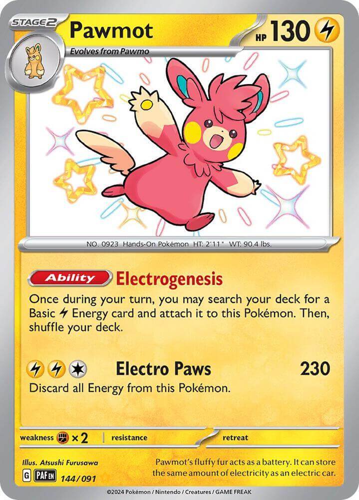 Pawmot (144/091) [Scarlet & Violet: Paldean Fates] with Electrogenesis ability and Electro Paws attack.