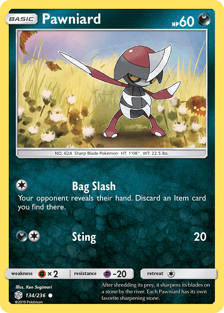 Pawniard (134/236) [Sun & Moon: Cosmic Eclipse] trading card featuring abilities Bag Slash and Sting.