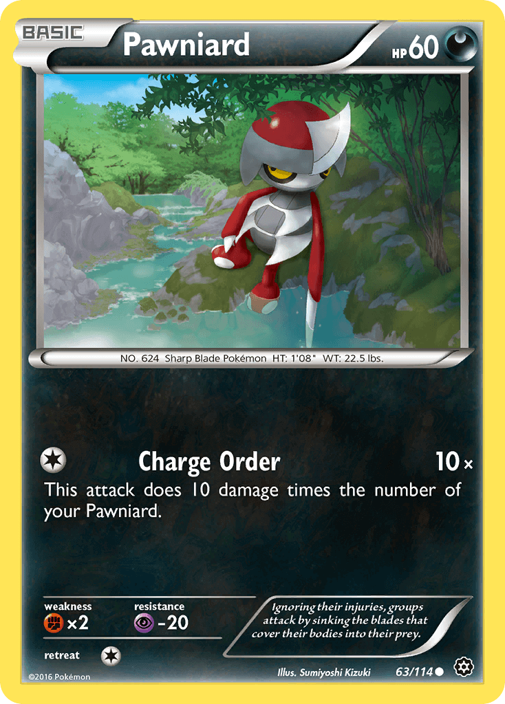 Pawniard (63/114) [XY: Steam Siege] card featuring Charge Order ability and art by Sumiyoshi Kizuki.
