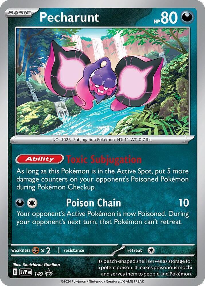 Pecharunt (149) [Scarlet & Violet: Black Star Promos] card showcasing Toxic Subjugation ability and Poison Chain attack.