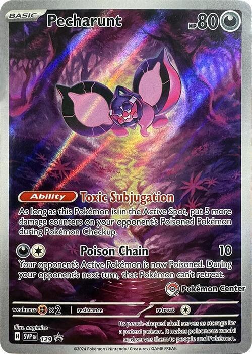 Pecharunt (129) (Pokemon Center Exclusive) [Scarlet & Violet: Black Star Promos] holo rare card with dark-type abilities.