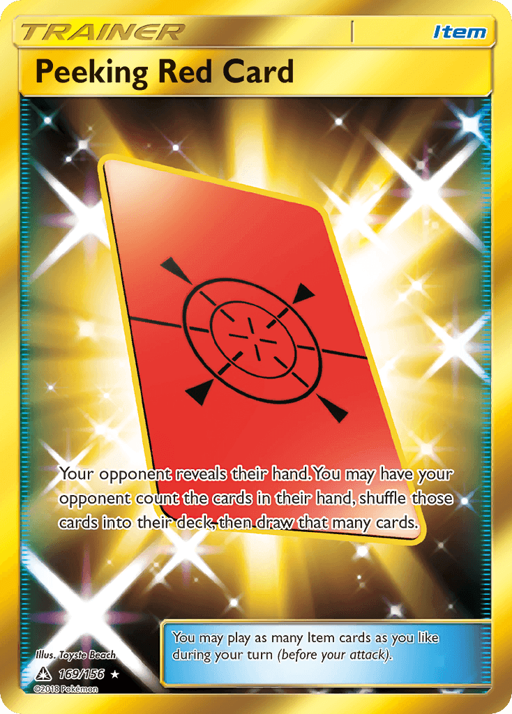 Peeking Red Card (169/156) [Sun & Moon: Ultra Prism] with shiny background and game instructions.