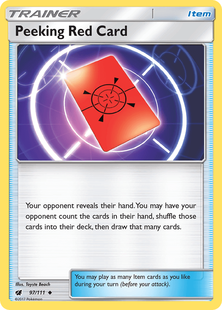 Peeking Red Card (97/111) [Sun & Moon: Crimson Invasion] Item card with a red design and game instructions.