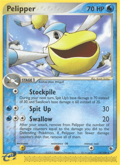 Pelipper (19/109) [EX: Ruby & Sapphire] card displaying Stockpile and Spit Up moves.