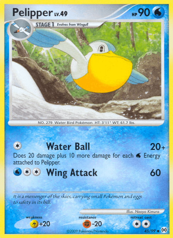 Pelipper (45/99) [Platinum: Arceus] features a Water-type Pokémon with HP 90, showcasing Water Ball and Wing Attack.