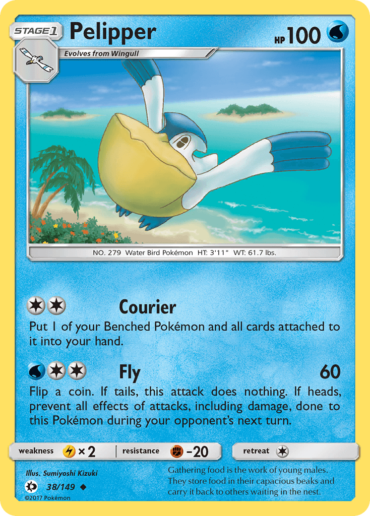 Pelipper (38/149) [Sun & Moon: Base Set] Water-type Pokémon card featuring HP 100 and attack stats.