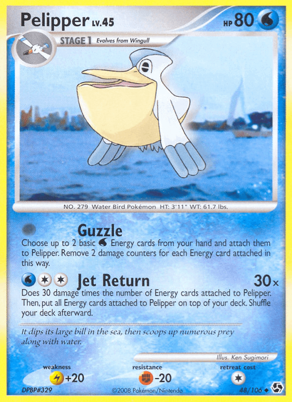 Pelipper (48/106) [Diamond & Pearl: Great Encounters] trading card showcasing its water type abilities and stats.