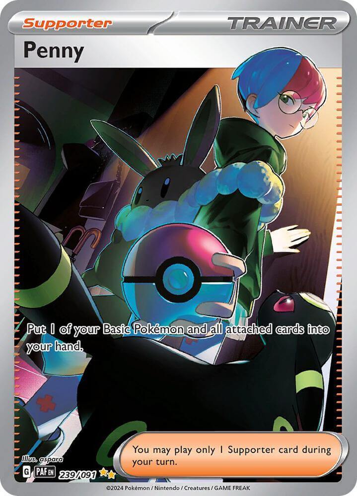 Penny (239/091) [Scarlet & Violet: Paldean Fates] Special Illustration Rare Supporter card featuring vibrant artwork.