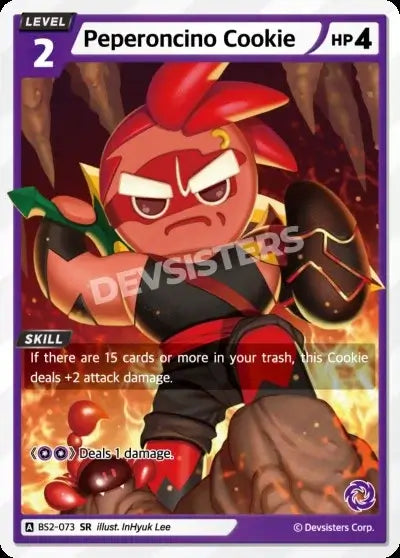 Peperoncino Cookie (BS2-073) – Brave Beginning | Cookie Run TCG Rare Card featuring vibrant artwork and skill details.