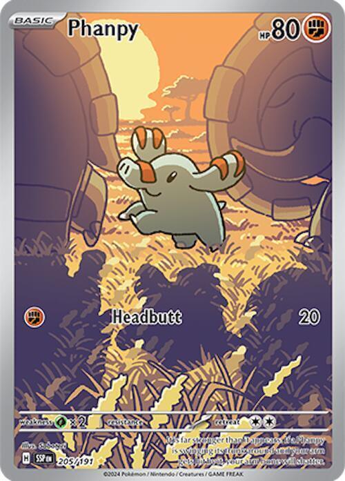 Phanpy (205/191) [Scarlet & Violet: Surging Sparks] features a shiny rare card with a vibrant art design.