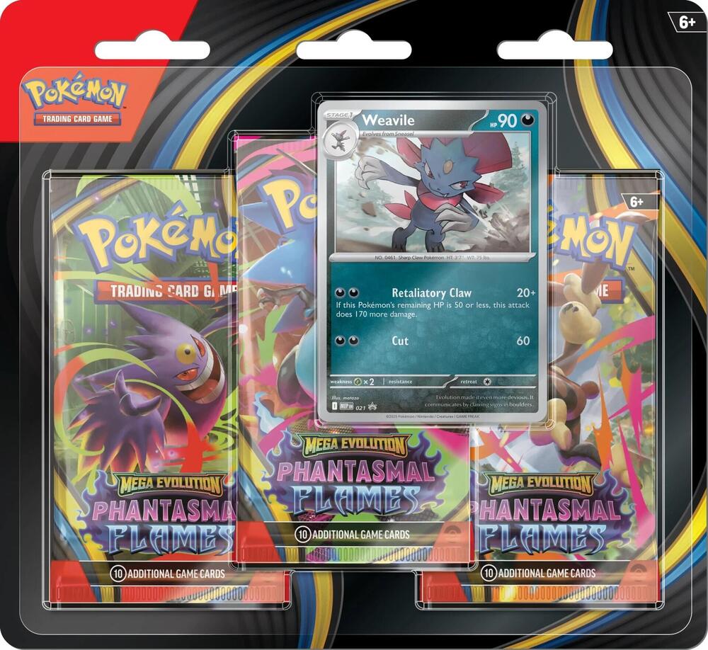 Phantasmal Flames 3 Pack Blister Weavile featuring trading cards and Weavile Pokémon card.