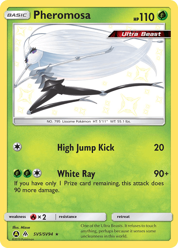 Pheromosa (SV5/SV94) [Sun & Moon: Hidden Fates - Shiny Vault] card showcasing its abilities and Ultra Beast status.