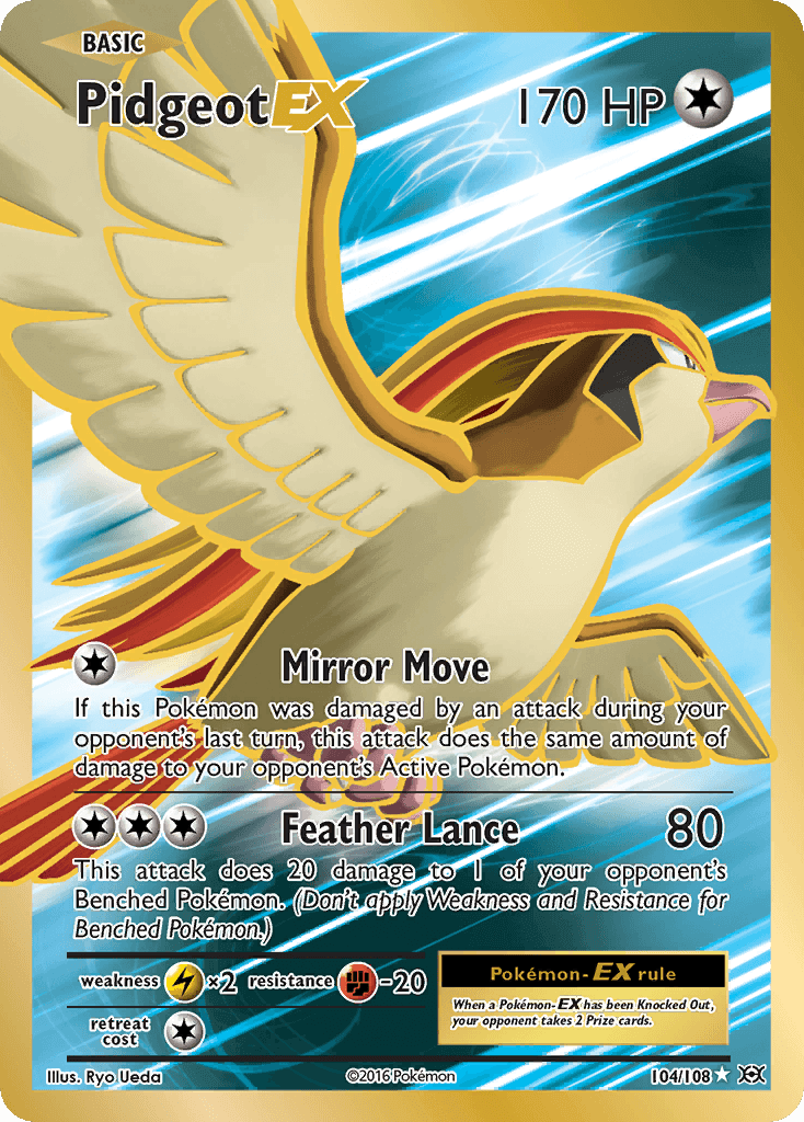 Pidgeot EX (104/108) [XY: Evolutions] card showcasing Feather Lance and Mirror Move abilities.