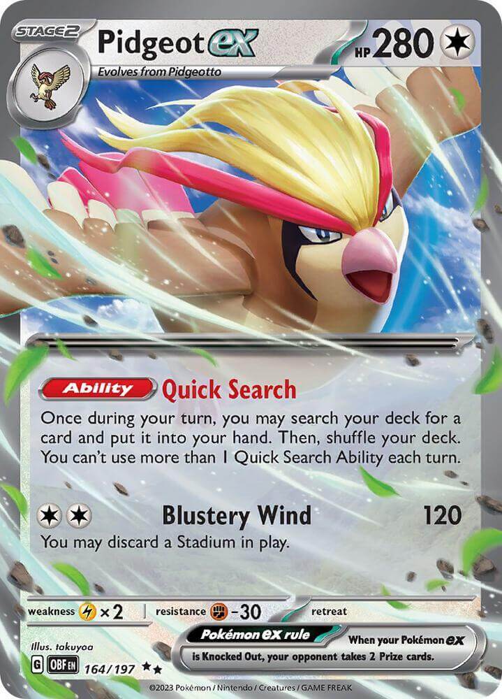 Pidgeot ex (164/197) Scarlet & Violet: Obsidian Flames card featuring its ability Quick Search and strong attack Blustery Wind.