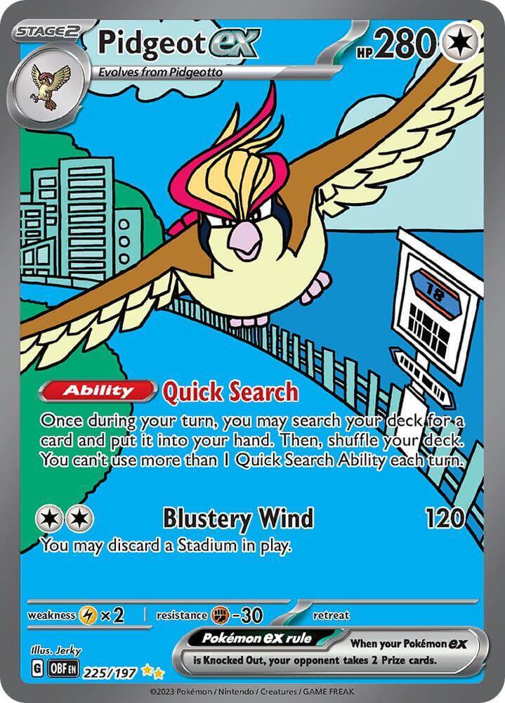 Pidgeot ex (225/197) [Scarlet & Violet: Obsidian Flames] card featuring Quick Search ability and Blustery Wind move.