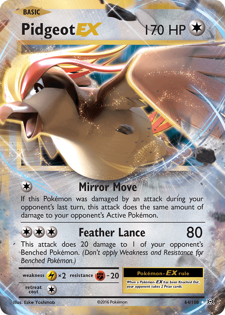 Pidgeot EX (64/108) [XY: Evolutions] card showing HP and attacks: Mirror Move and Feather Lance.