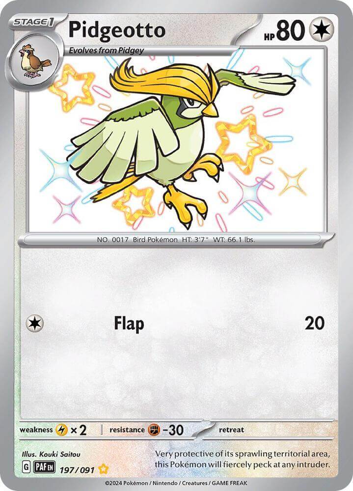 Pidgeotto (197/091) [Scarlet & Violet: Paldean Fates] collectible card featuring shiny rare design.