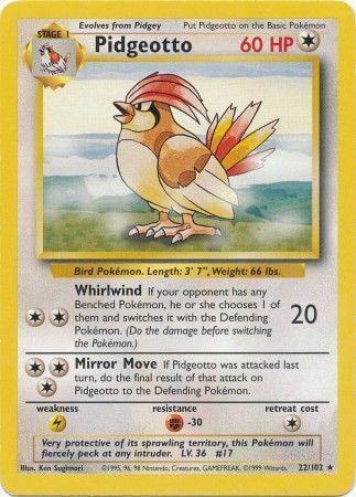 Pidgeotto (22/102) [Base Set Unlimited] card featuring Whirlwind and Mirror Move abilities, rare colorless Pokémon.