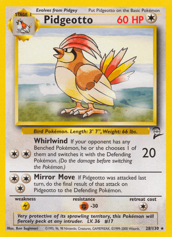 Pidgeotto (28/130) [Base Set 2] card showing HP, abilities, and illustration of Pidgeotto.