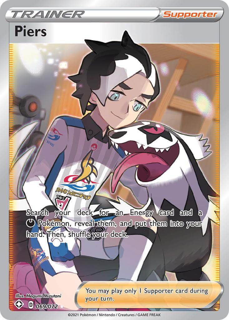 Piers (069/072) [Sword & Shield: Shining Fates] Supporter card artwork featuring Piers and his Pokémon.