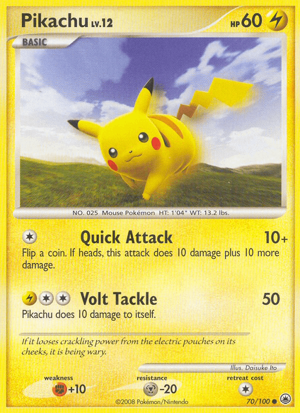 Pikachu (70/100) [Diamond & Pearl: Majestic Dawn] Lightning type card with stats and abilities.