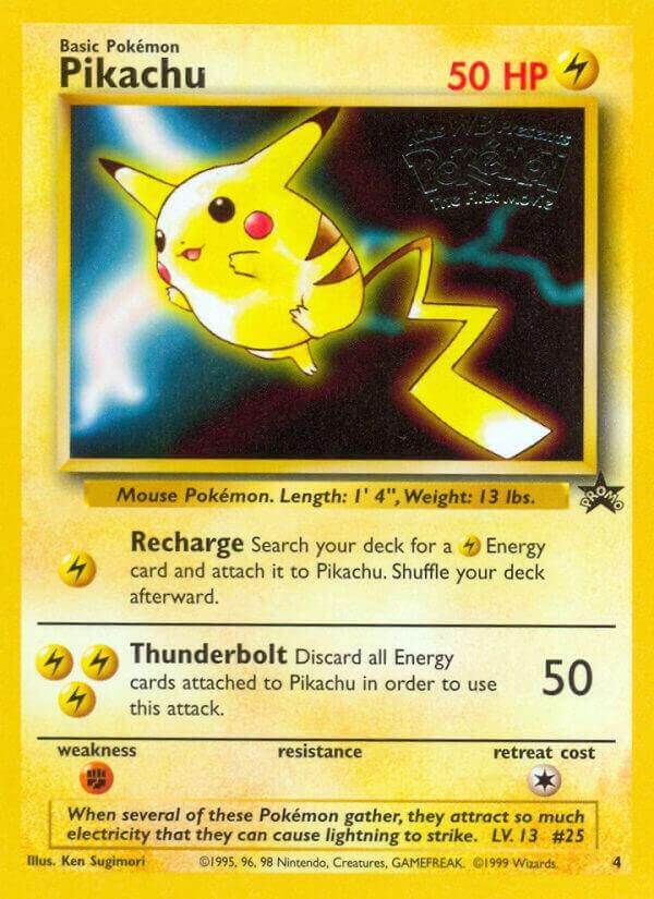 Pikachu (4) [Wizards of the Coast: Black Star Promos] card featuring electric type Pikachu with abilities Recharge and Thunderbolt.