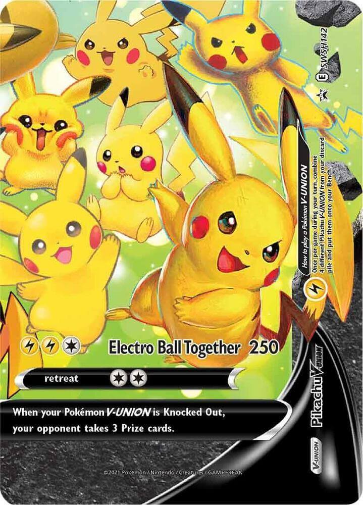 Pikachu V-UNION (SWSH142) (Celebrations) [Sword & Shield: Black Star Promos] card featuring multiple Pikachu and Electro Ball Together move.