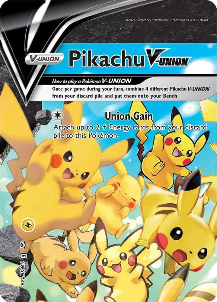 Pikachu V-UNION (SWSH139) (Celebrations) [Sword & Shield: Black Star Promos] card art featuring multiple Pikachu.