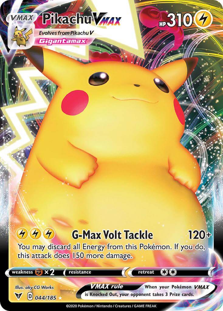 Pikachu VMAX (044/185) [Sword & Shield: Vivid Voltage] card showcasing G-Max Volt Tackle attack and Gigantamax form.