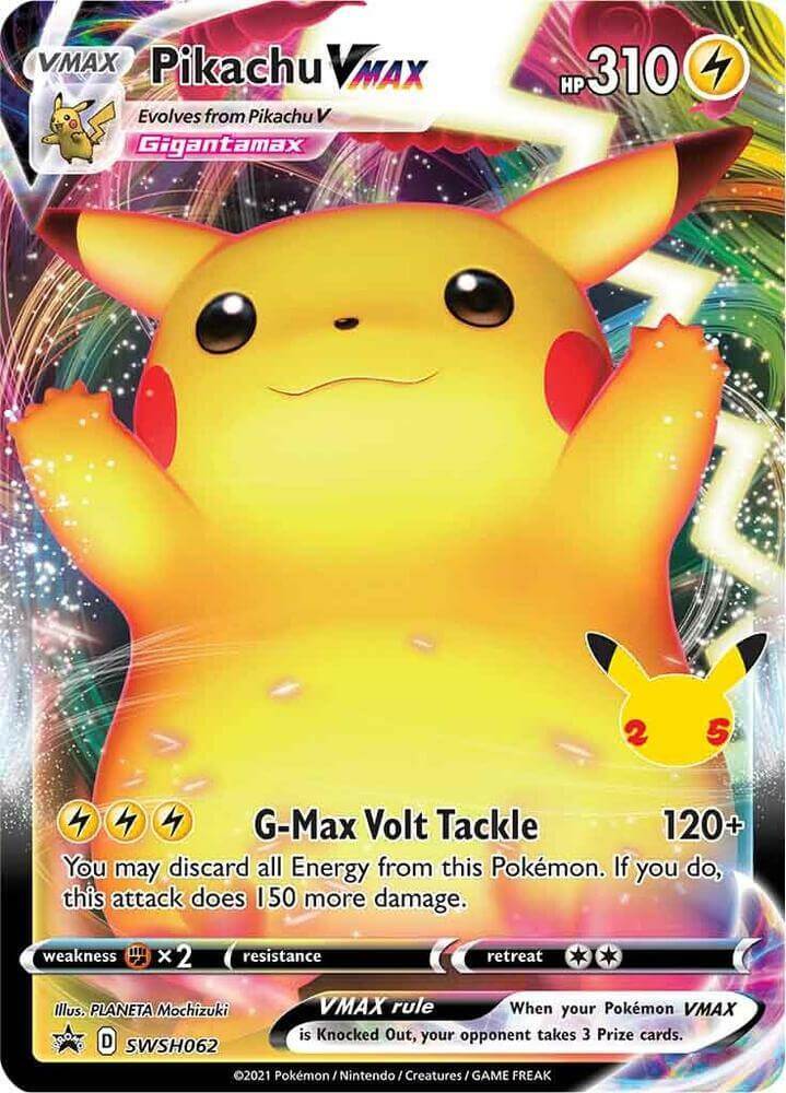 Pikachu VMAX (SWSH062) (Celebrations) [Sword & Shield: Black Star Promos] card featuring G-Max Volt Tackle attack.